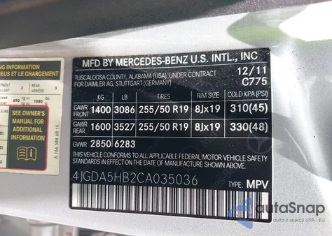 2012 Mercedes-Benz M-Class Ml 350 from USA, damaged, VIN 4JGDA5HB2CA035036